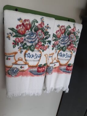 Floral Tea Time Kitchen Towels - White with Multicolor Floral Print Set of 2